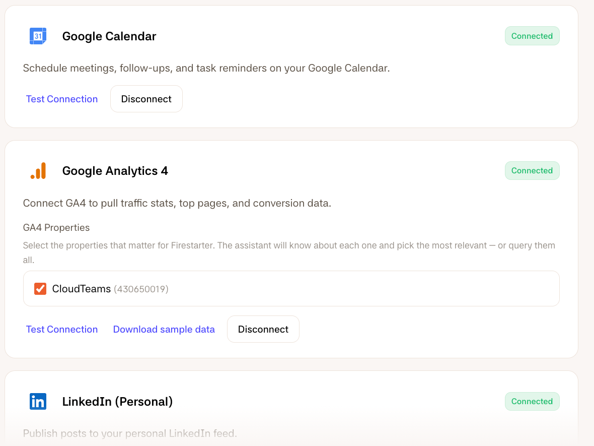 Integrations in the Firestarter app: Google Calendar, Google Analytics with the customer’s own property selected, and LinkedIn, each marked Connected.