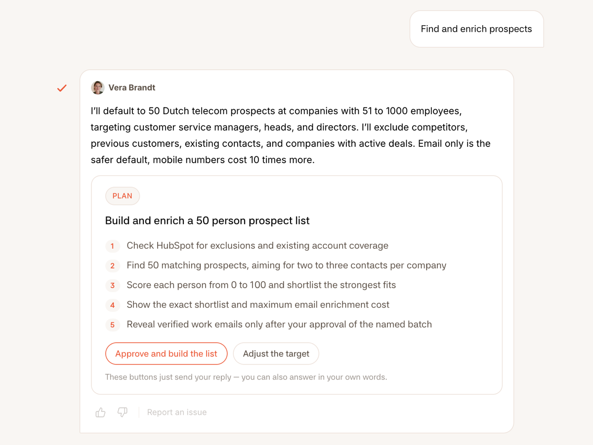 Vera asks for approval in the Firestarter app: her plan to build and enrich a 50 person prospect list, step by step, with the buttons Approve and build the list and Adjust the target.