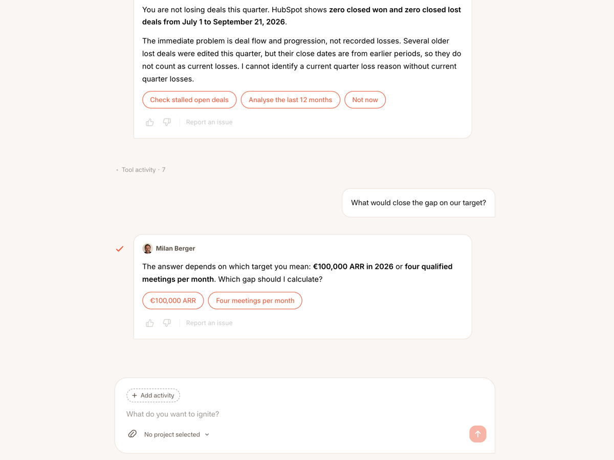 A conversation with Milan in the Firestarter app: he answers from the HubSpot data, the customer asks a follow-up about the target, and the field to type the next question sits at the bottom.