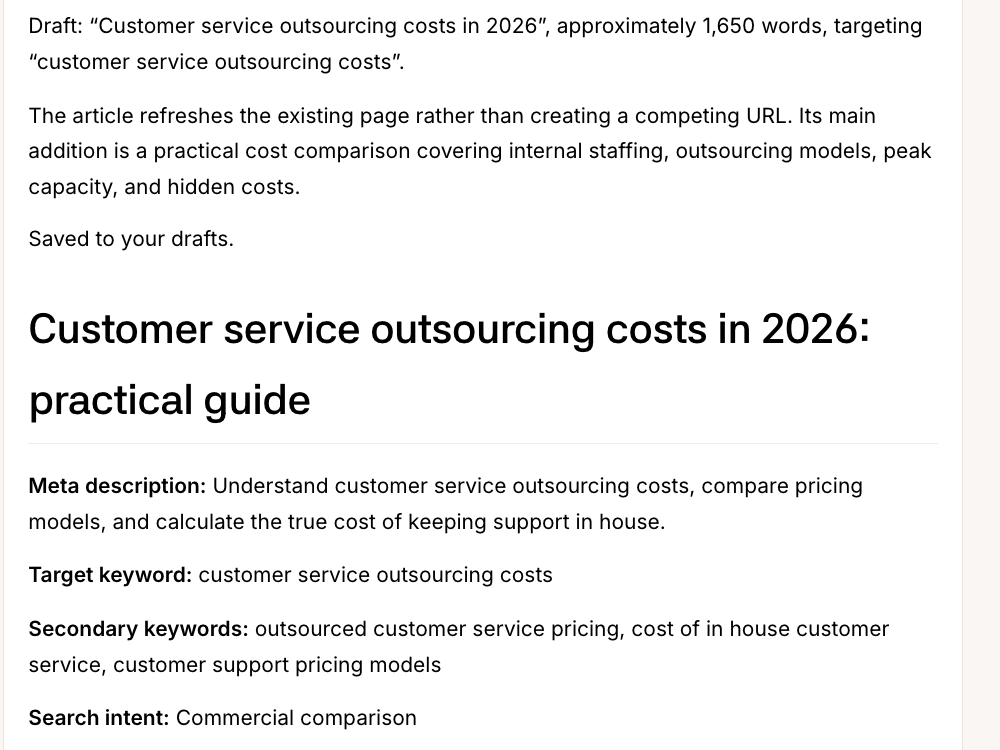 Noor’s draft in the Firestarter app: the refreshed article on customer service outsourcing costs, with its meta description, target and secondary keywords and search intent, saved to drafts.