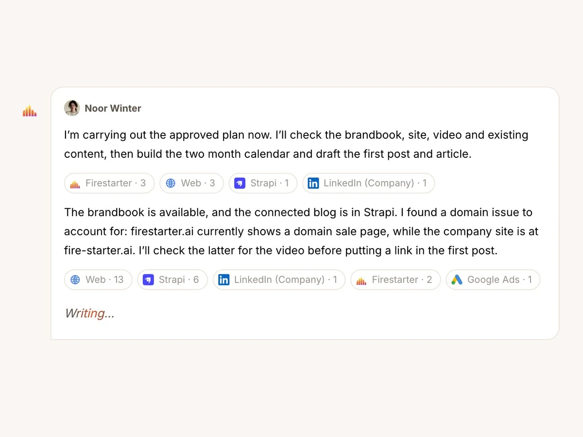 Noor at work in the Firestarter app: she carries out an approved plan by first checking the brand book, the website, the video and the existing content in Strapi and on LinkedIn, before she drafts the first post and article.