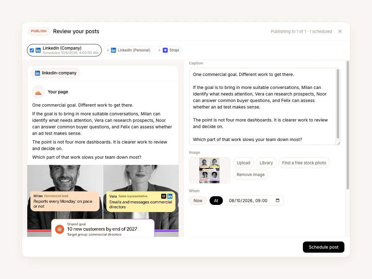 Review your posts in the Firestarter app: Noor’s LinkedIn company post with its caption and image, scheduled for 9:00, with LinkedIn (Personal) and Strapi ready to add.