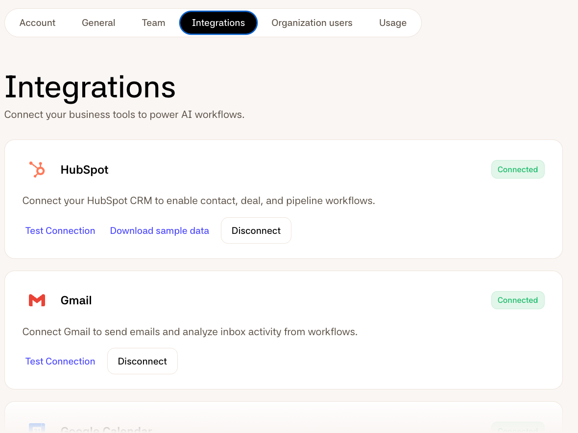 The integrations in the Firestarter app’s settings: HubSpot and Gmail, each marked Connected, with the next ones below.