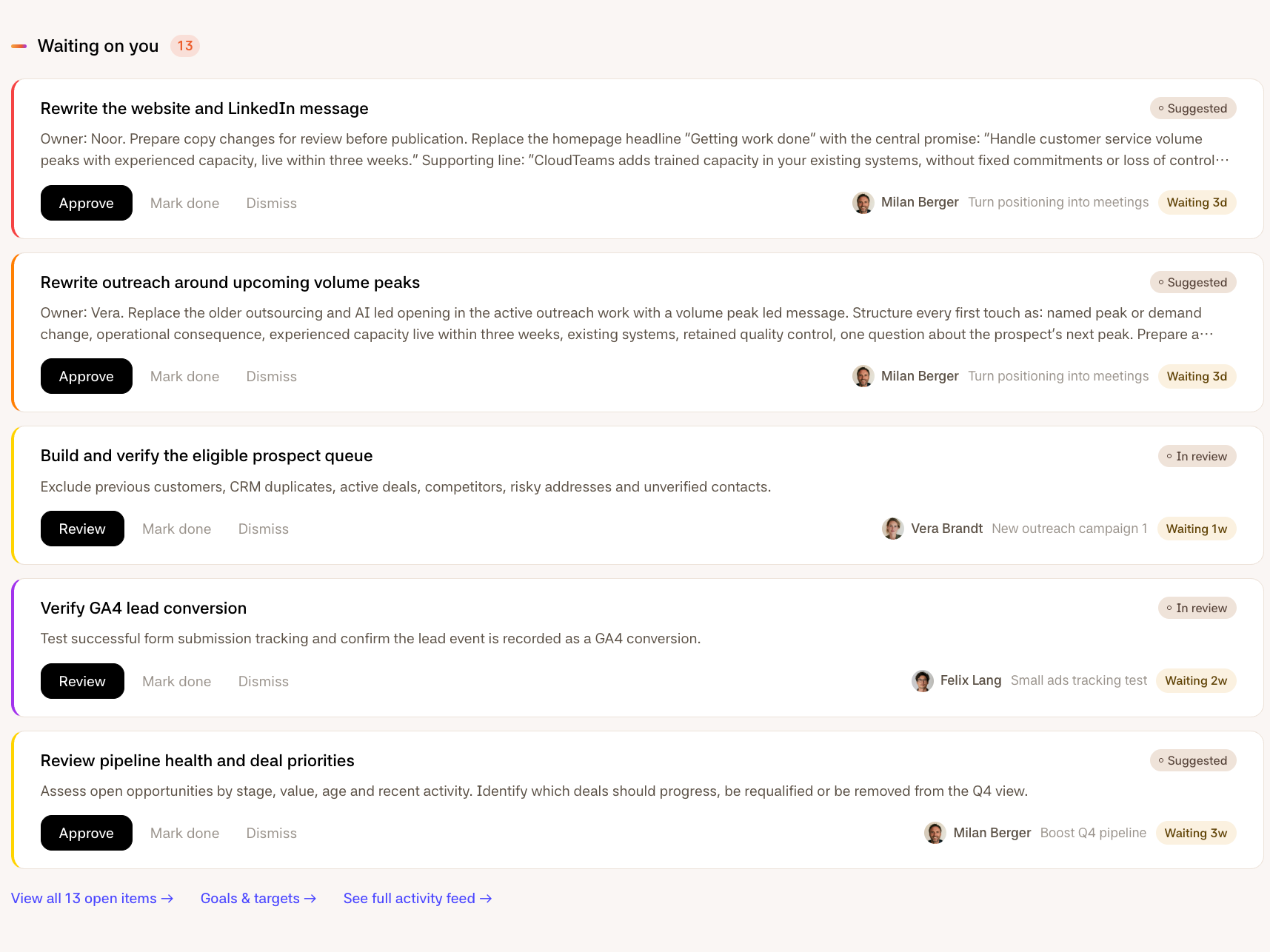 The work waiting on you in the Firestarter app: proposals from Milan, Vera and Felix in one list, each with who proposed it, the project and how long it has been waiting.