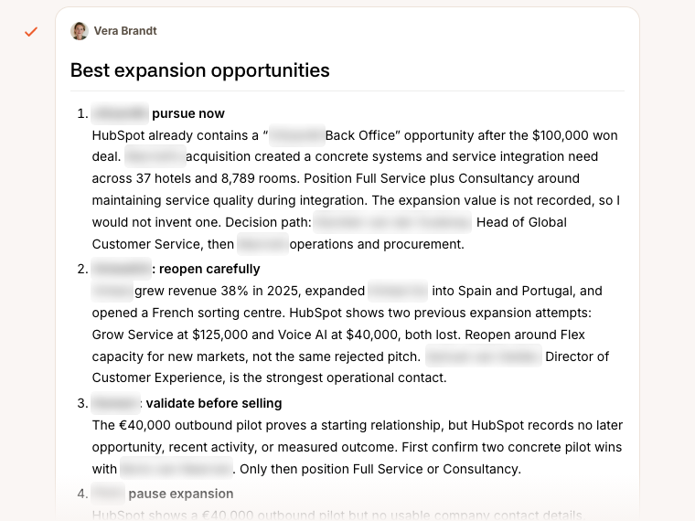 Vera’s best expansion opportunities in the Firestarter app: four existing customer accounts, each with what to pursue, why, and who to approach, based on the HubSpot data. Company and contact names are blurred.